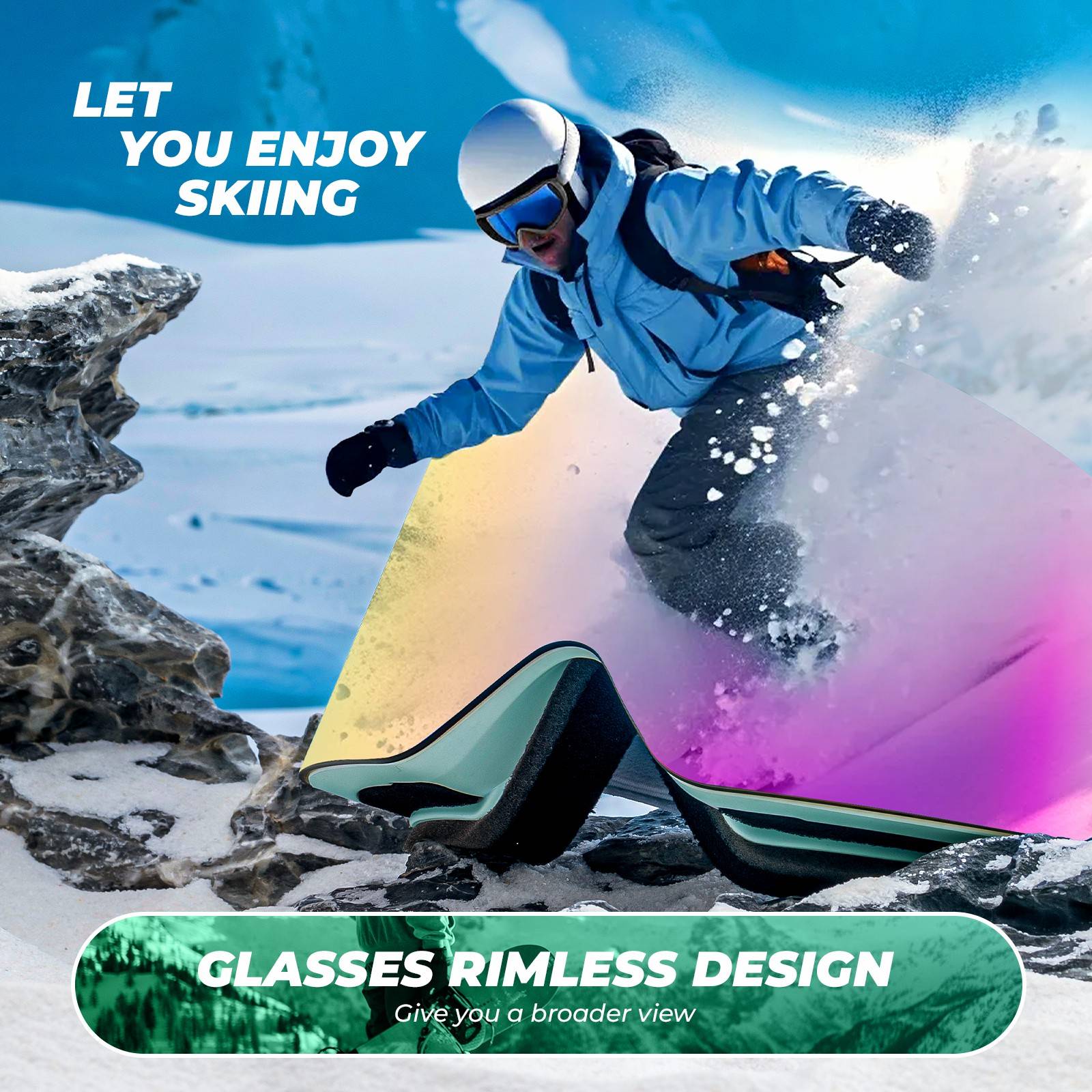 Qunature Rahmenlos Skibrille UV400 Antifog TPU-Rahmen Schutzbrille #Color_Gr¨¹n