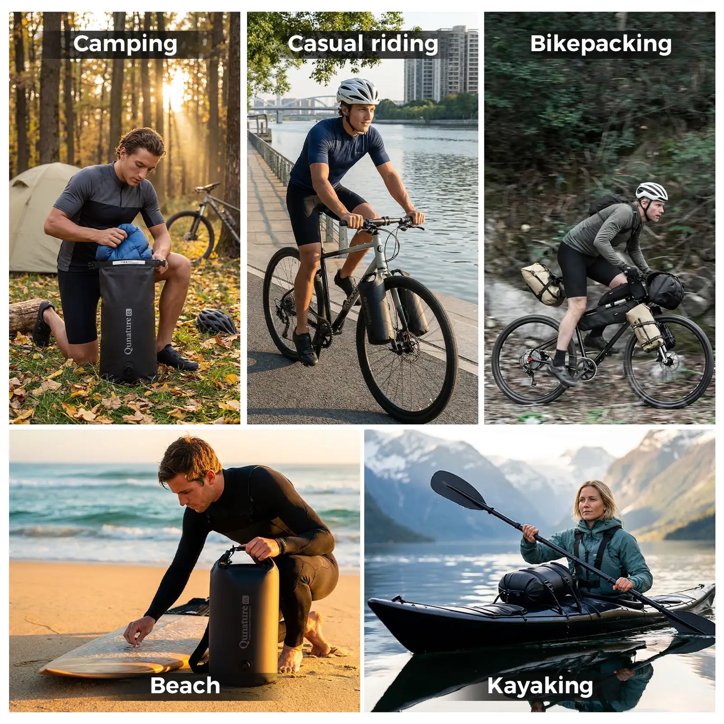 trockentasche bei verschiedenen aktivitäten: camping, fahren, paddeln
