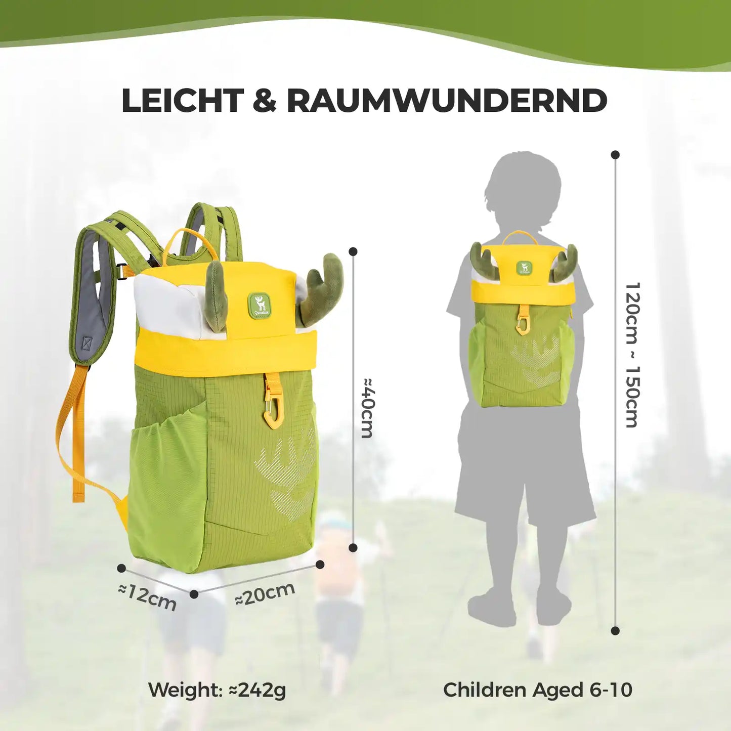grüner kinderrucksack mit maßen, gewicht und größenangabe für 6–10 jahre