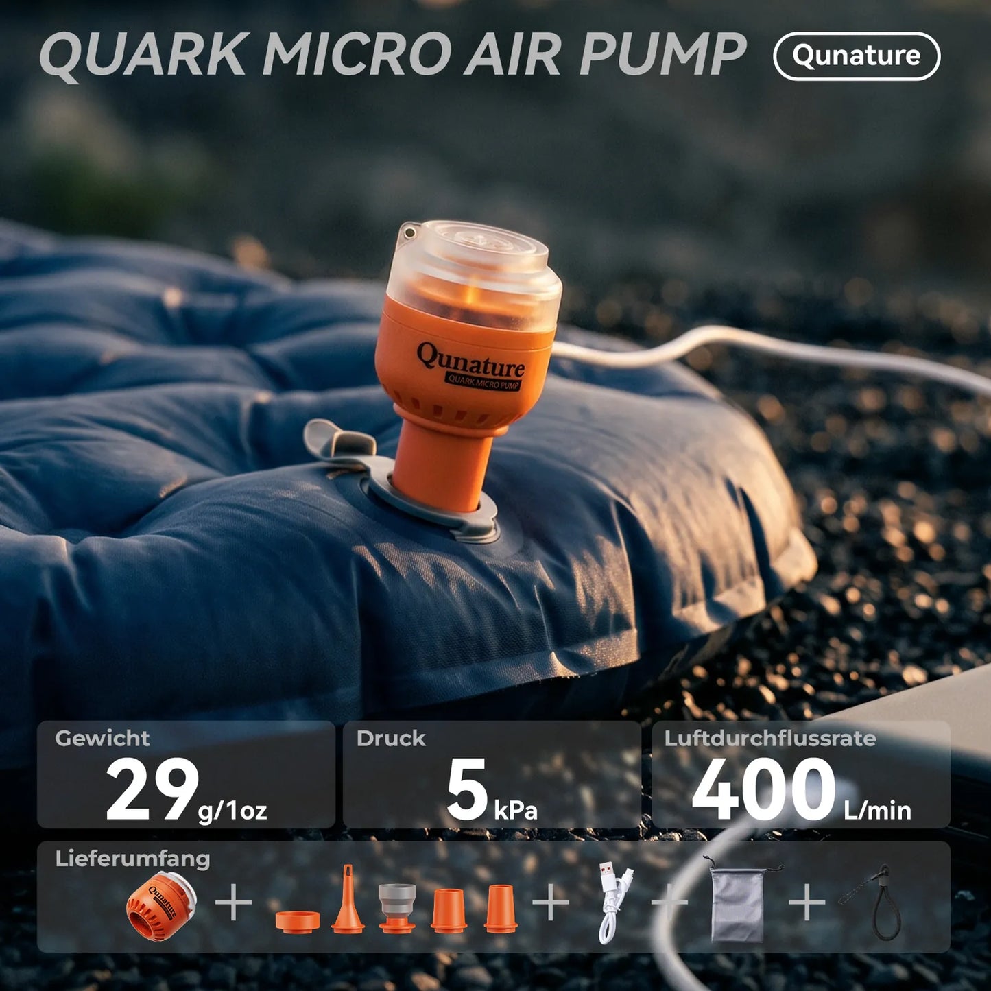 orange mini-luftpumpe auf einer luftmatratze mit technischen daten und lieferumfang