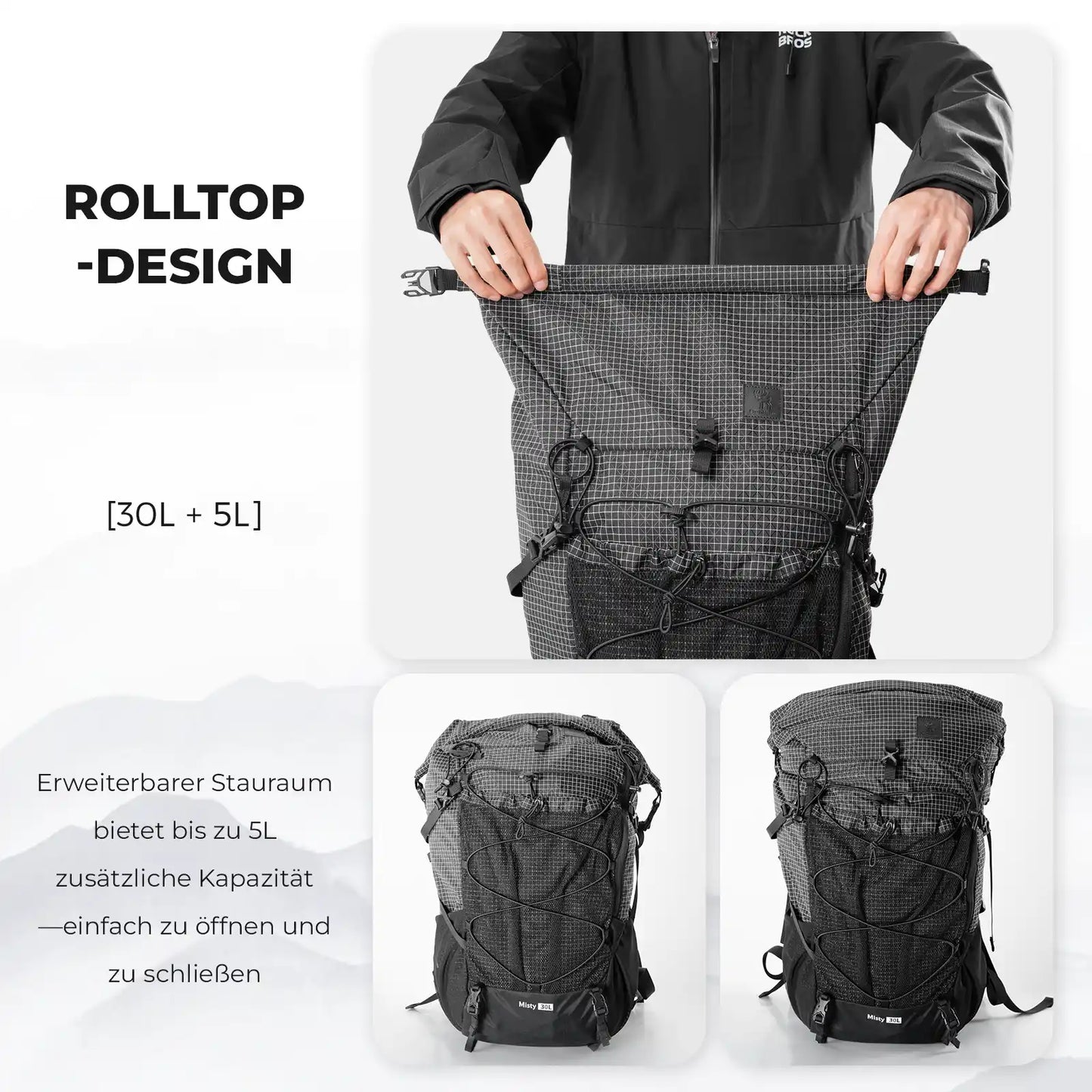 misty 30l backpack with roll top design, expandable to 35l