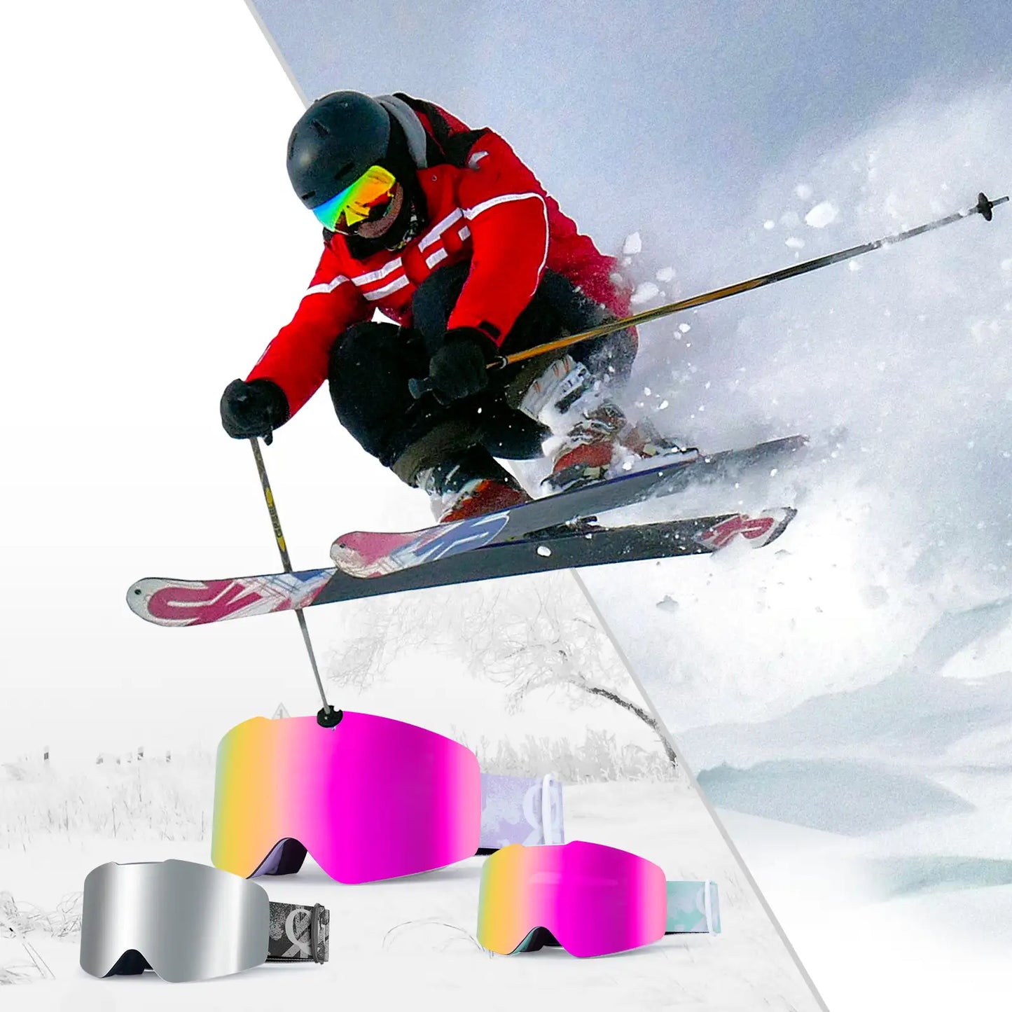 skibrillen kollektion mit unterschiedlichen farben und skifahrer im action shot