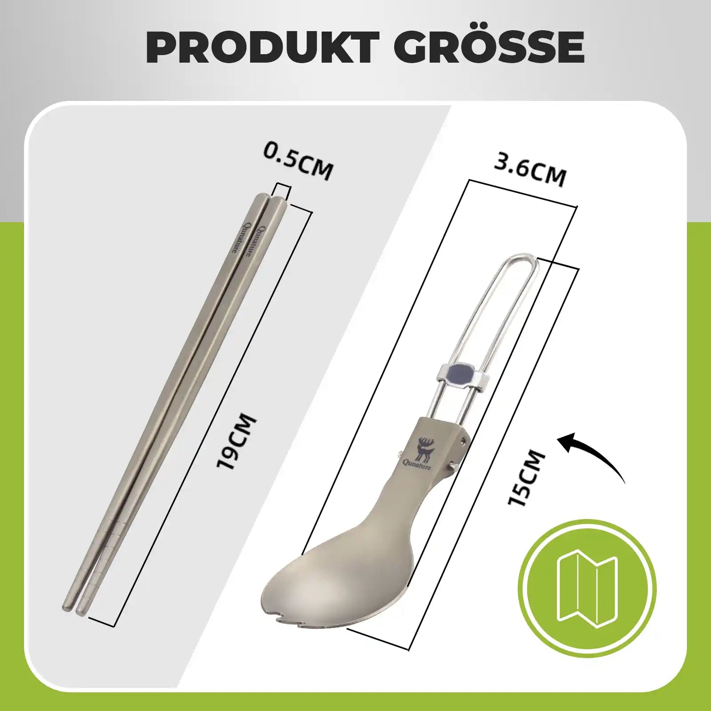 produktgröße von qunature titan-besteck: essstäbchen 19cm, spork 15cm
