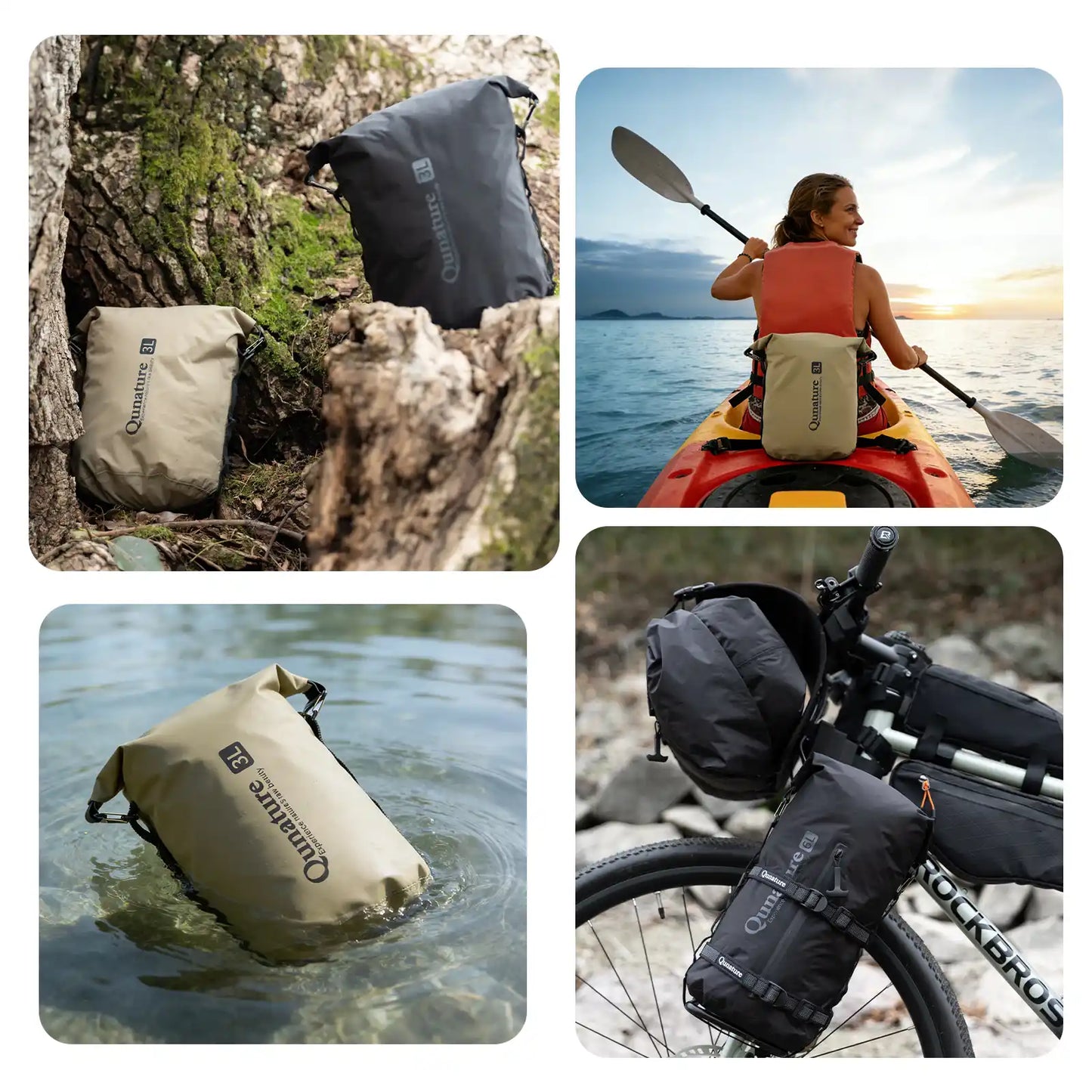 wasserdichte bikepacking kompressionstaschen 3l in schwarz und beige, verschiedene outdoor-szenen: wald, kajak, wasser, fahrrad