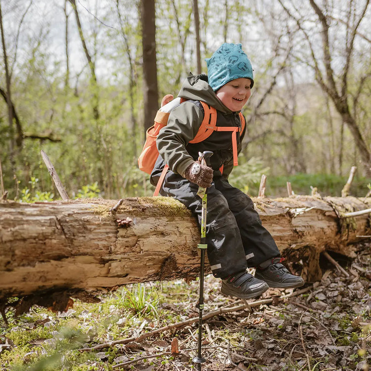 Kind mit Rucksack und Trekkingstock im Wald