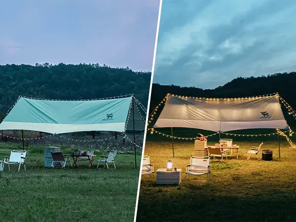 In der Abenddämmerung stand ein leuchtend mintgrünes Campingzelt auf dem Rasen.