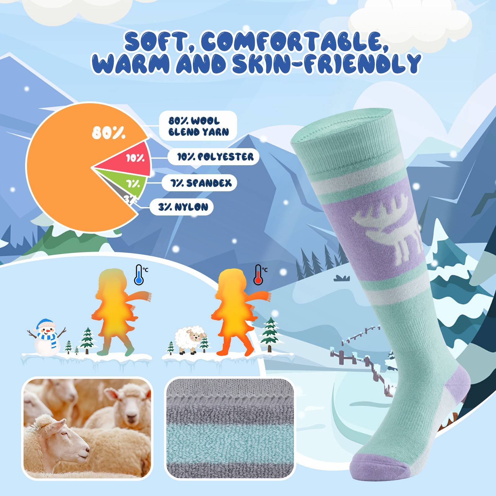 Qunature Kinde Wintersocken Ski Kniestr¨¹mpfe mit Wolle Skisocken #Color_Elchstil-Rosa Gr¨¹n