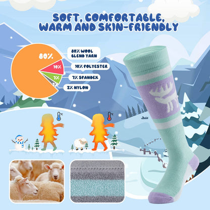 Qunature Kinde Wintersocken Ski Kniestr¨¹mpfe mit Wolle Skisocken #Color_Elchstil-Rosa Gr¨¹n