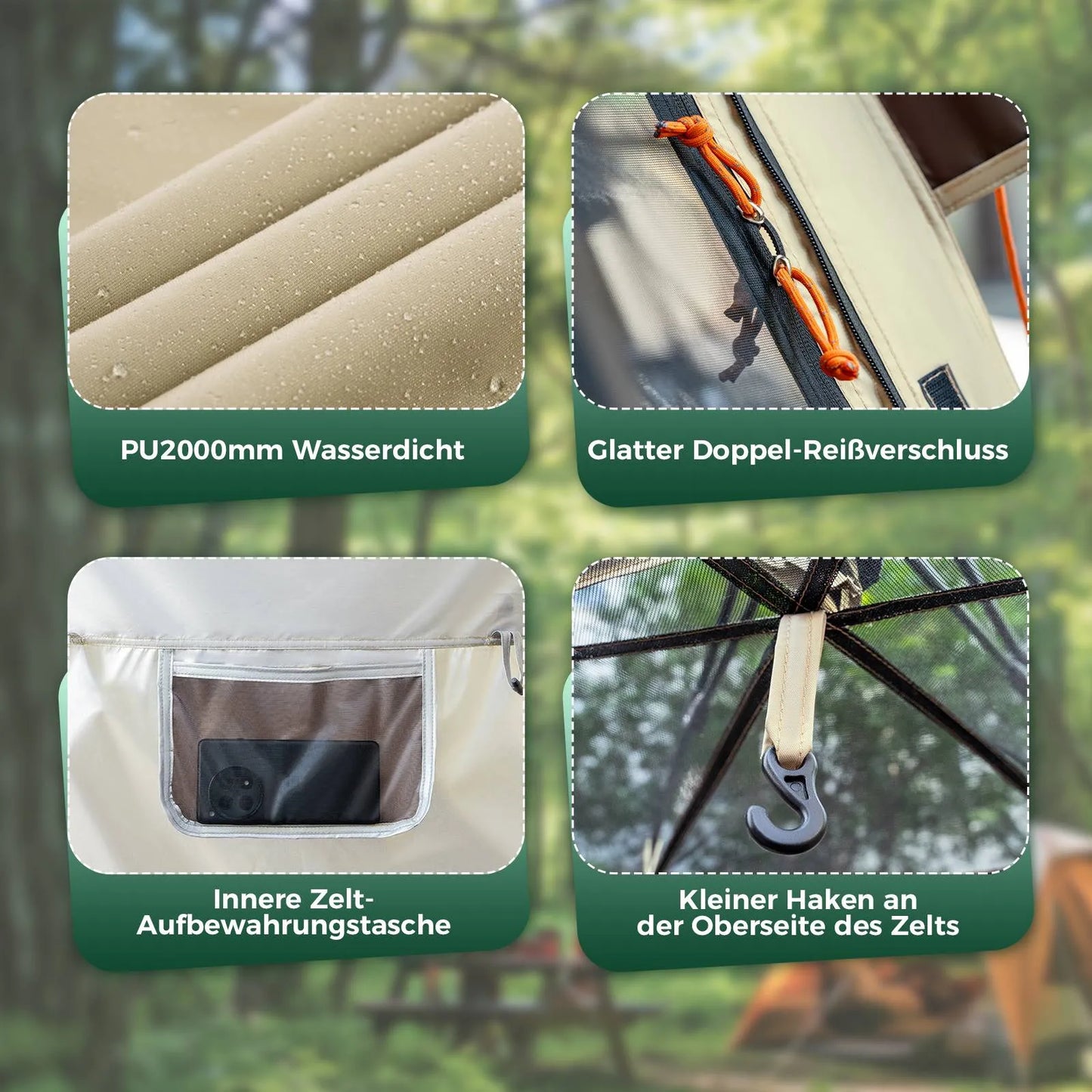 zeltdetails mit wasserdichtem stoff, reißverschluss und tasche