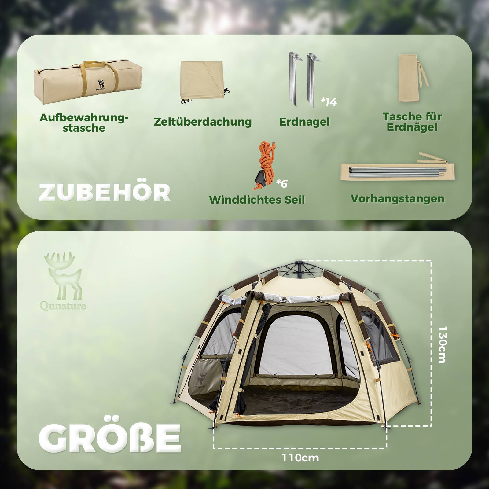 Qunature Pop-Up Campingzelt 2-4 Personen, Wasserdichtes Kuppelzelt #Color_Khaki