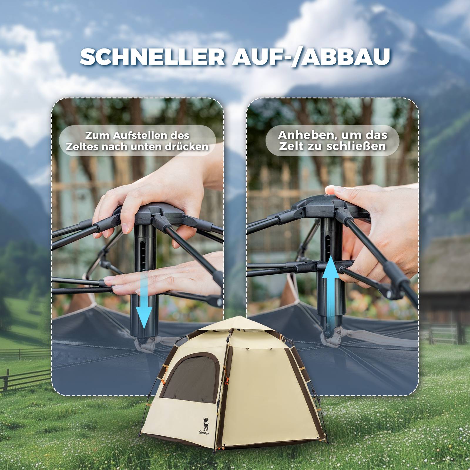 Qunature Pop-Up Campingzelt 2-4 Personen, Wasserdichtes Kuppelzelt #Color_Khaki