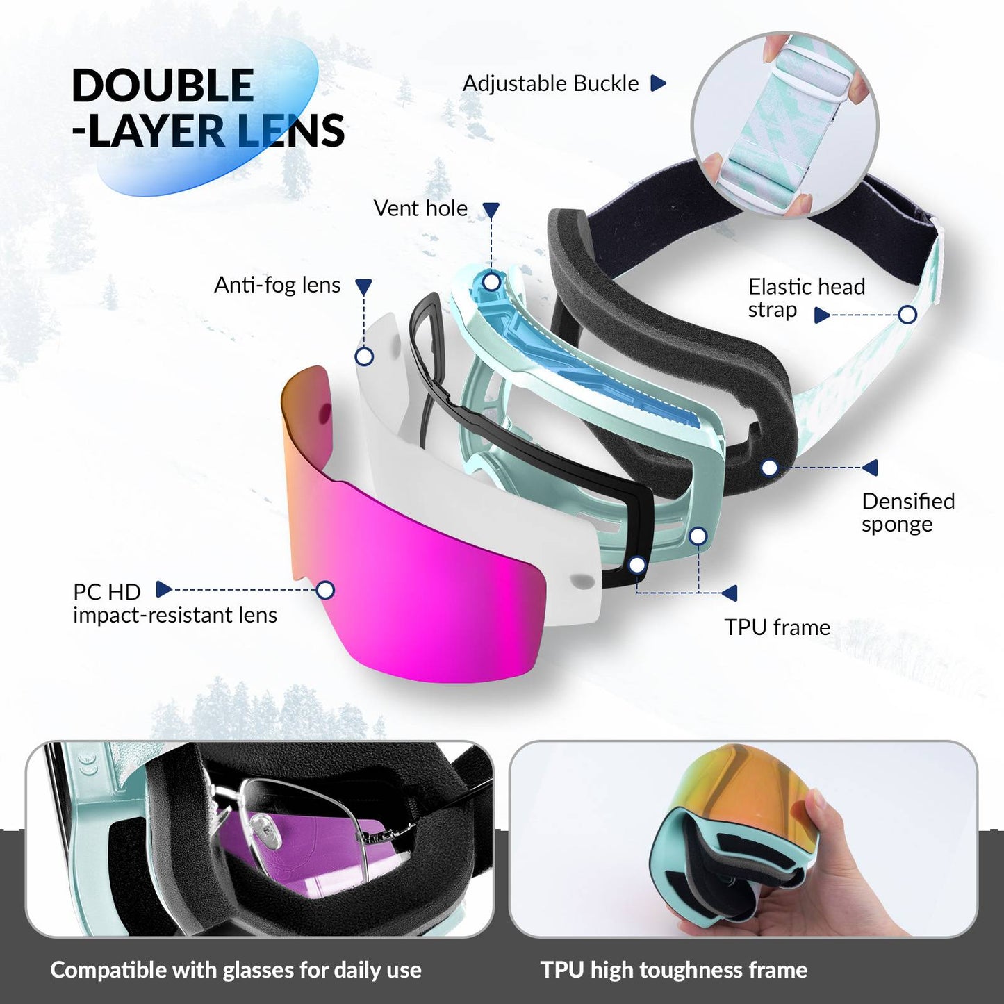 Qunature Rahmenlos Skibrille UV400 Antifog TPU-Rahmen Schutzbrille #Color_Gr¨¹n