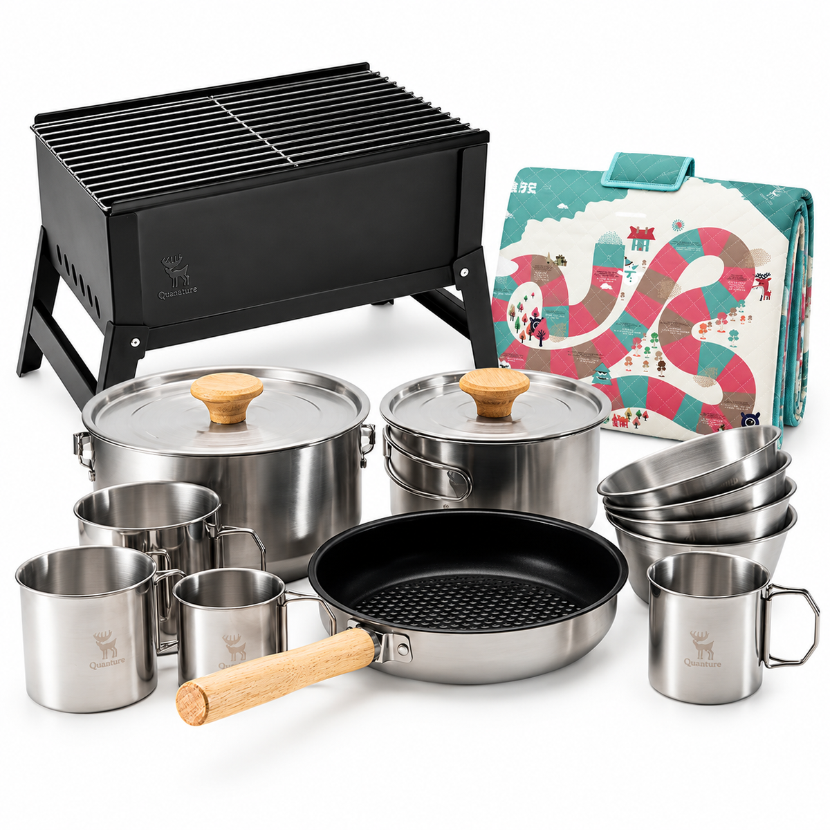 Grill-Picknick-Set: Faltgrill, 11-teiliges Kochset & Decke