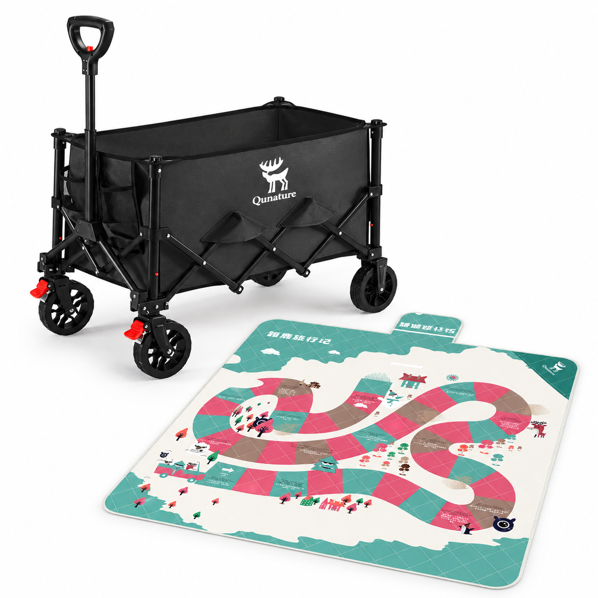 Picknick-Set: Bollerwagen & Picknickdecke – 1 × faltbarer Bollerwagen – Schwarz, 1 × Picknickdecke – Türkis/Grün mit mehrfarbigem Muster