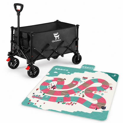 Picknick-Set: Bollerwagen & Picknickdecke – 1 × faltbarer Bollerwagen – Schwarz, 1 × Picknickdecke – Türkis/Grün mit mehrfarbigem Muster