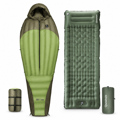Schlaf-Set: Mumienschlafsack & aufblasbare Isomatte – 1 × Mumienschlafsack – Olivegrün, Größe M oder L nach Auswahl, 1 × aufblasbare Isomatte – Grün, ca. 197 × 71 × 12 cm