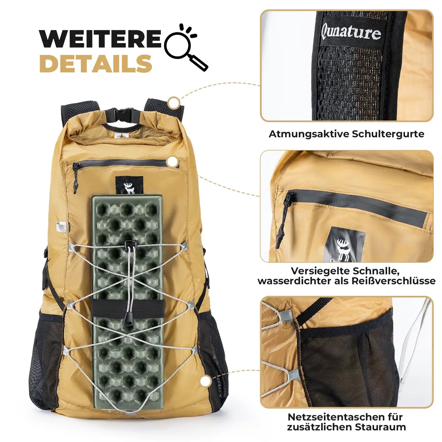 qunature backpack with breathable straps, sealed buckle and mesh pockets