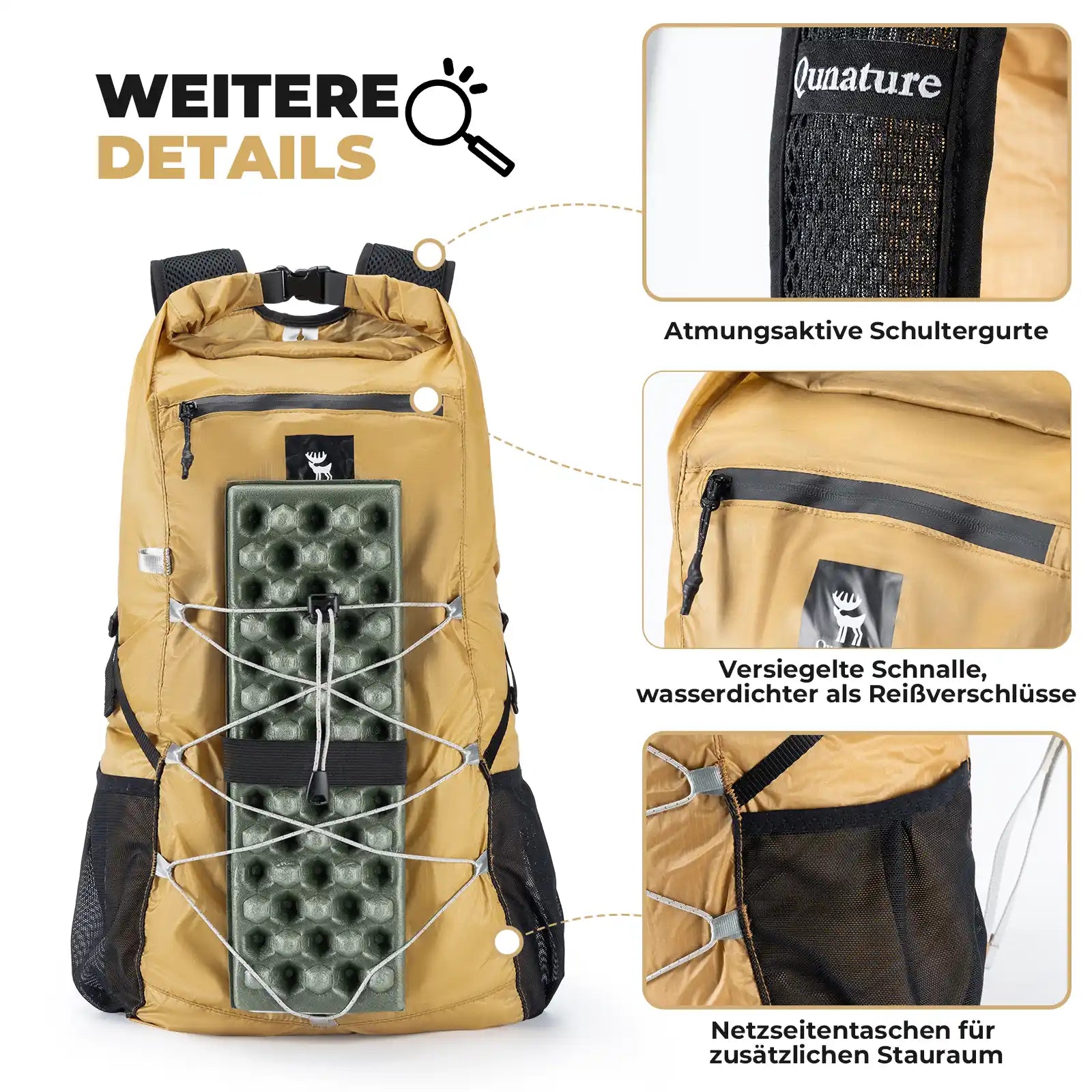 qunature backpack with breathable straps, sealed buckle and mesh pockets