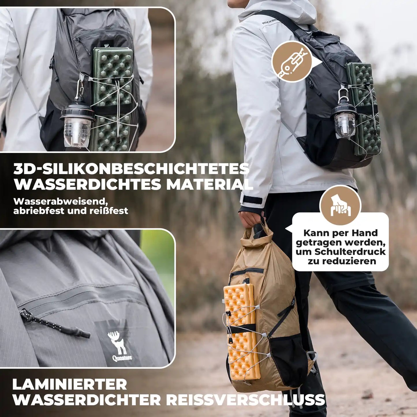 qunature backpack with 3d silicone-coated waterproof fabric and hand carry design