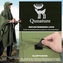 qunature rain poncho with reflective logo and front flap pocket detail