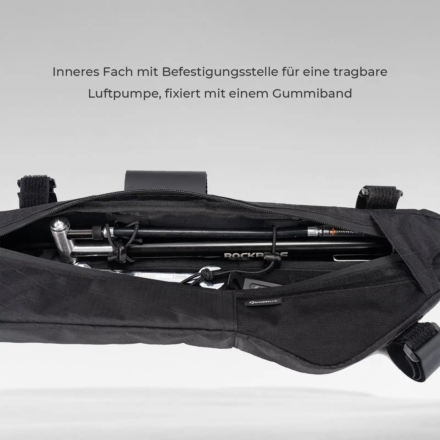 quanture Fahrradtasche Unterrohr mit internem Fach und Befestigungsstelle für Luftpumpe