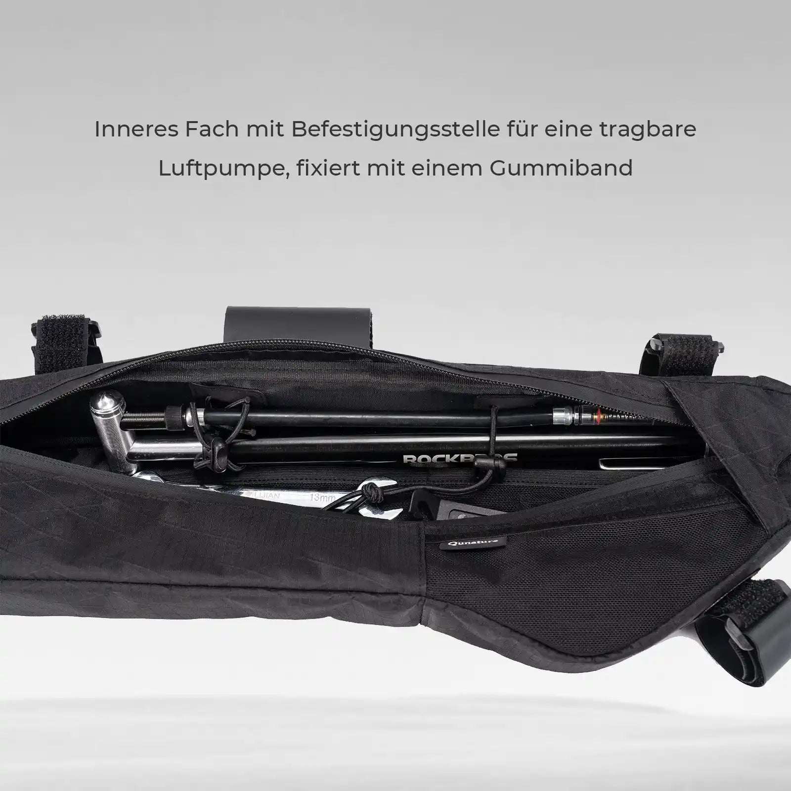 quanture Fahrradtasche Unterrohr mit internem Fach und Befestigungsstelle für Luftpumpe