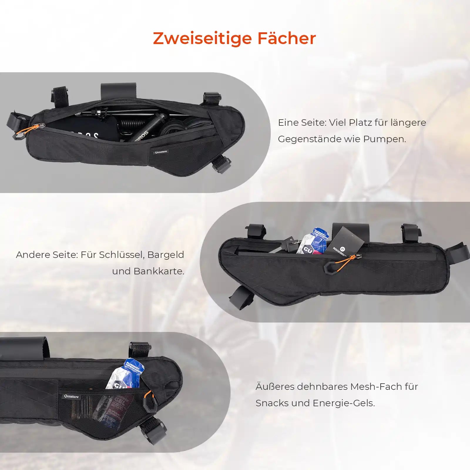 quanture Fahrradtasche Unterrohr mit zweiseitigen Fächern und Mesh Tasche für Radausrüstung