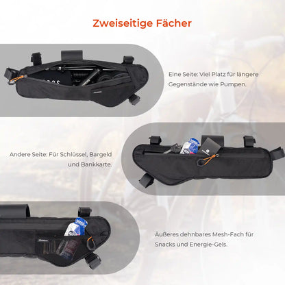 quanture Fahrradtasche Unterrohr mit zweiseitigen Fächern und Mesh Tasche für Radausrüstung