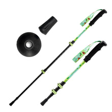 two children trekking poles with green nature print wrist straps, mud basket and tip protector displayed on white background