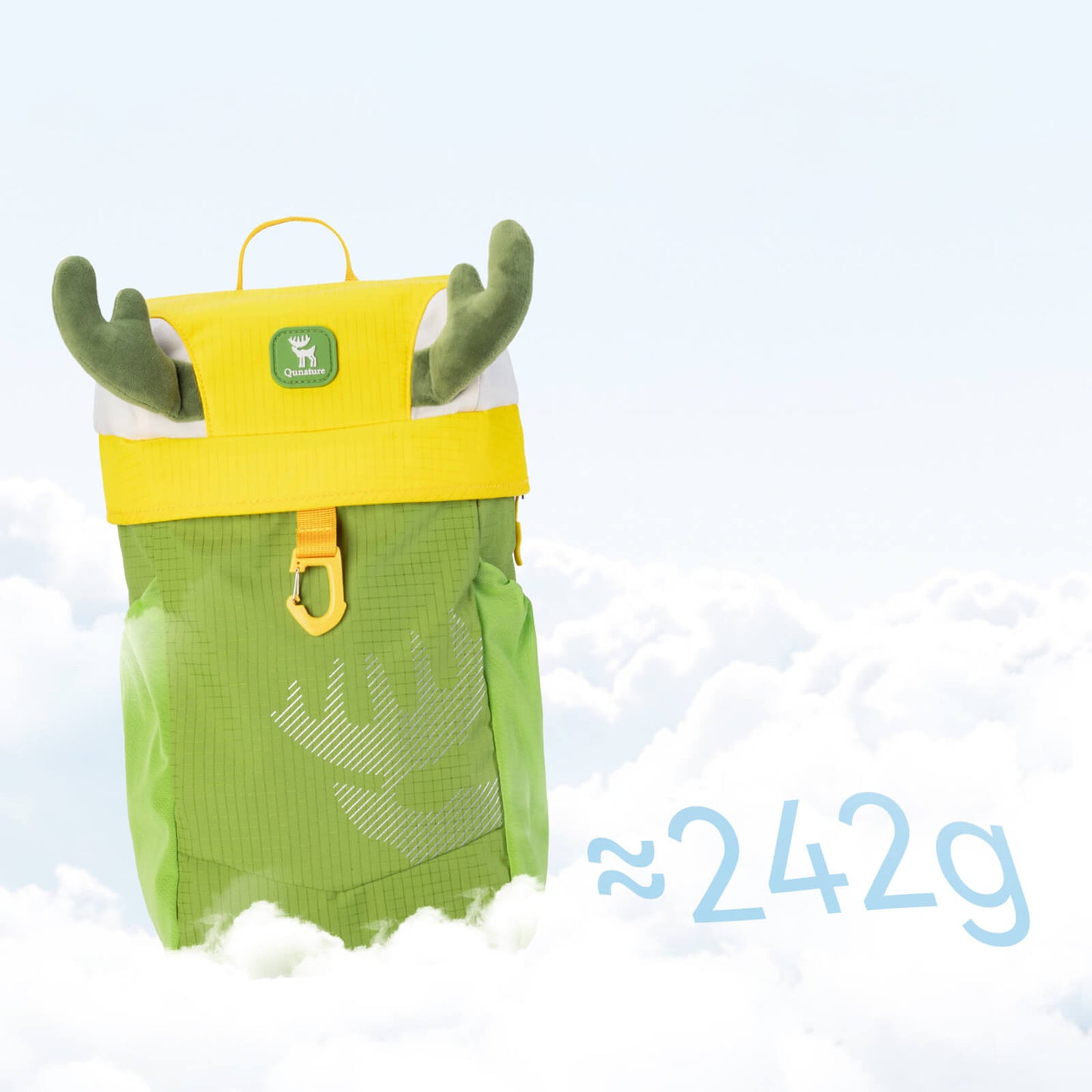 grüner kinderrucksack mit gewichtsangabe von ca. 242g, zeigt geweih-design