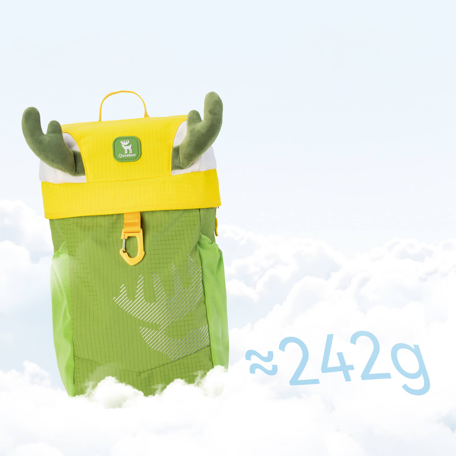 grüner kinderrucksack mit gewichtsangabe von ca. 242g, zeigt geweih-design