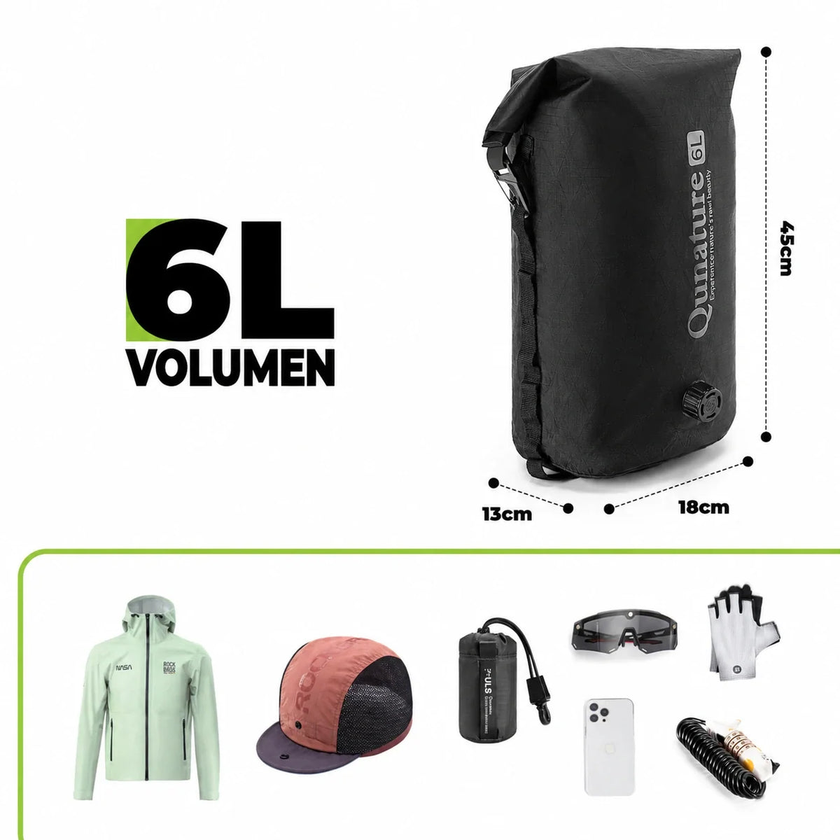 H63 Kompressionstasche – Maßangaben – Khaki / Schwarz / 6L