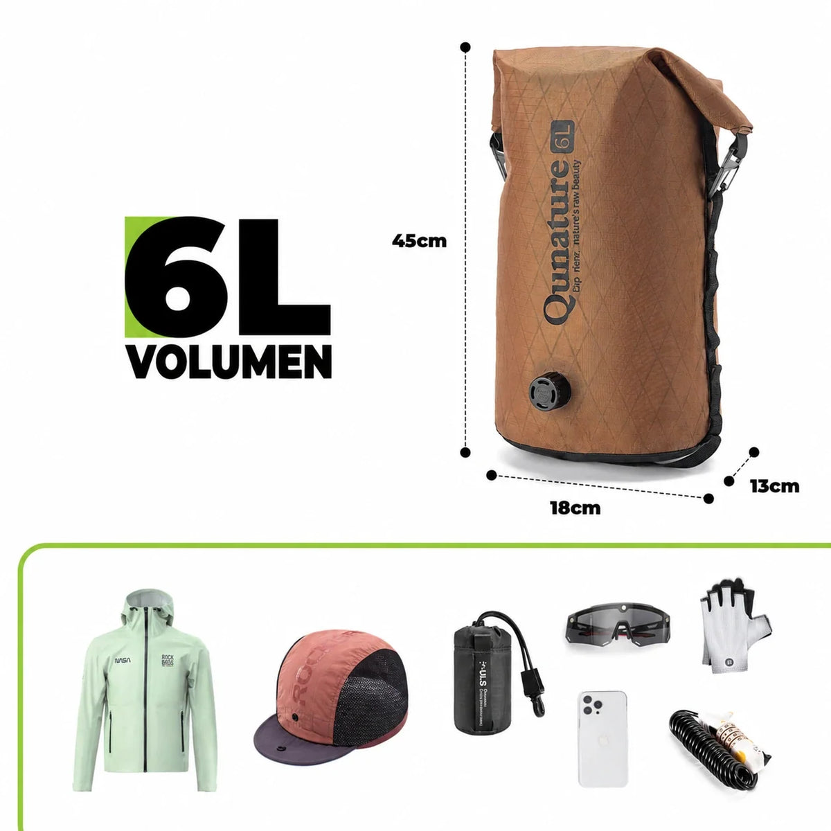H63 Kompressionstasche – Maßangaben – Schwarz / Khaki / 6L