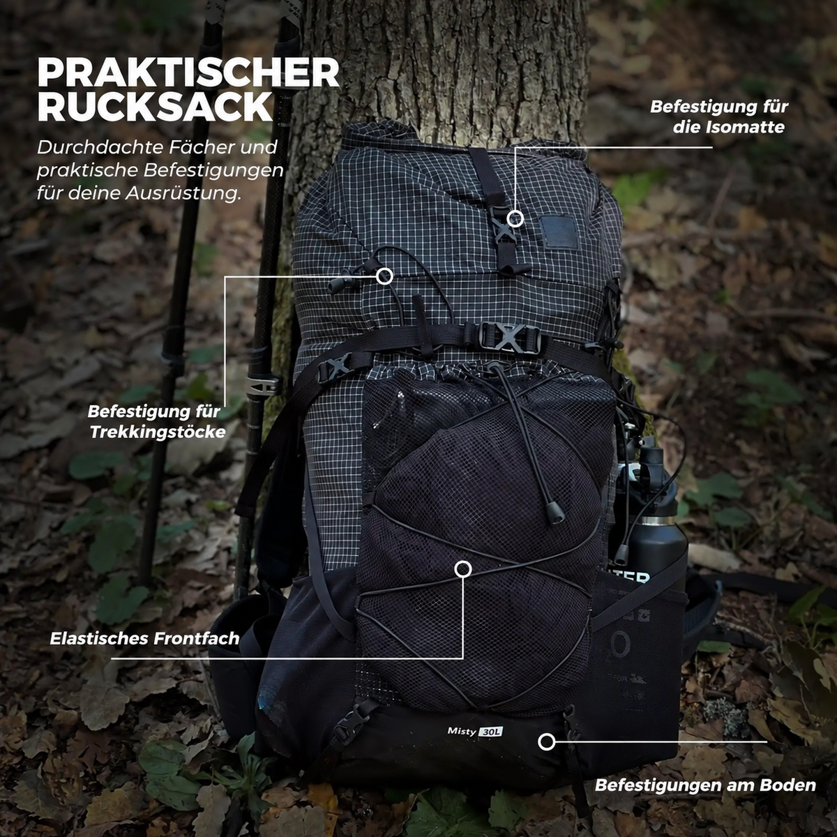 Wander-Set  Leichte Teleskopstöcke & Flexibler 30–35L Rucksack