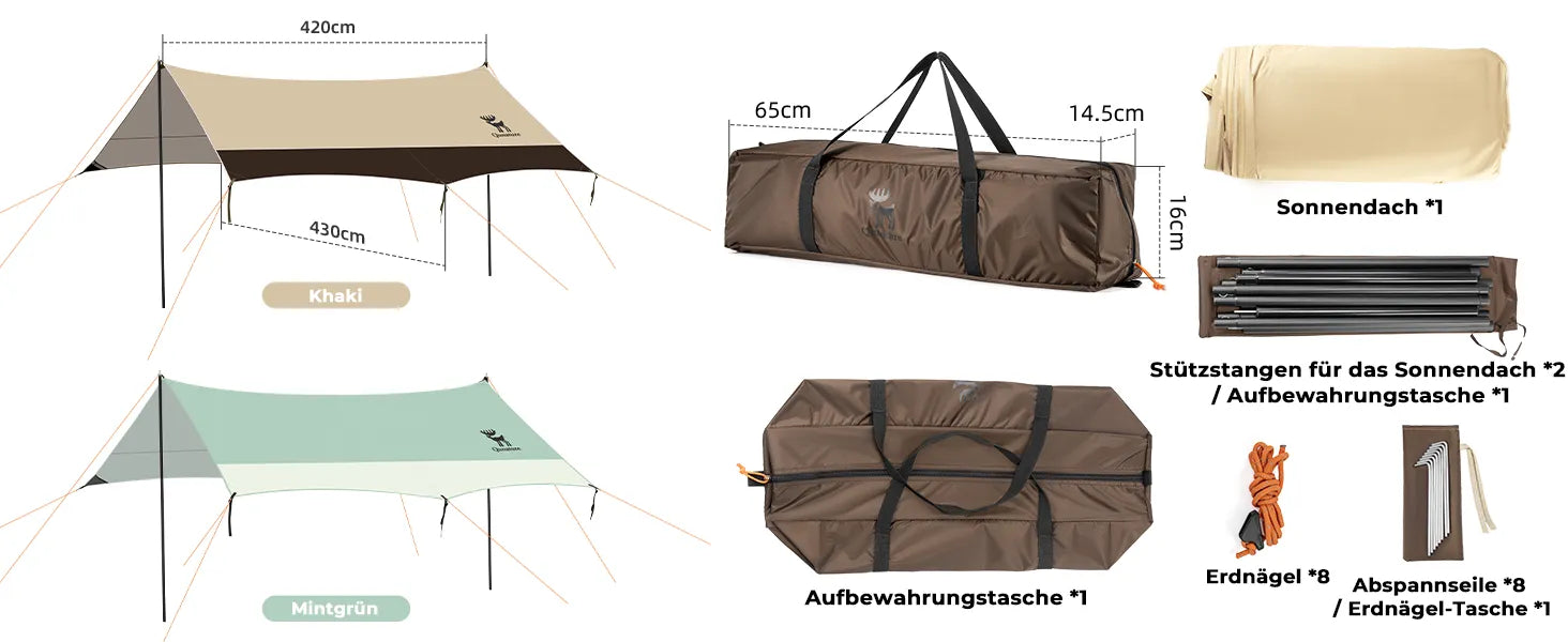 tarp mit masseangaben und allen mitgelieferten zubehoerteilen