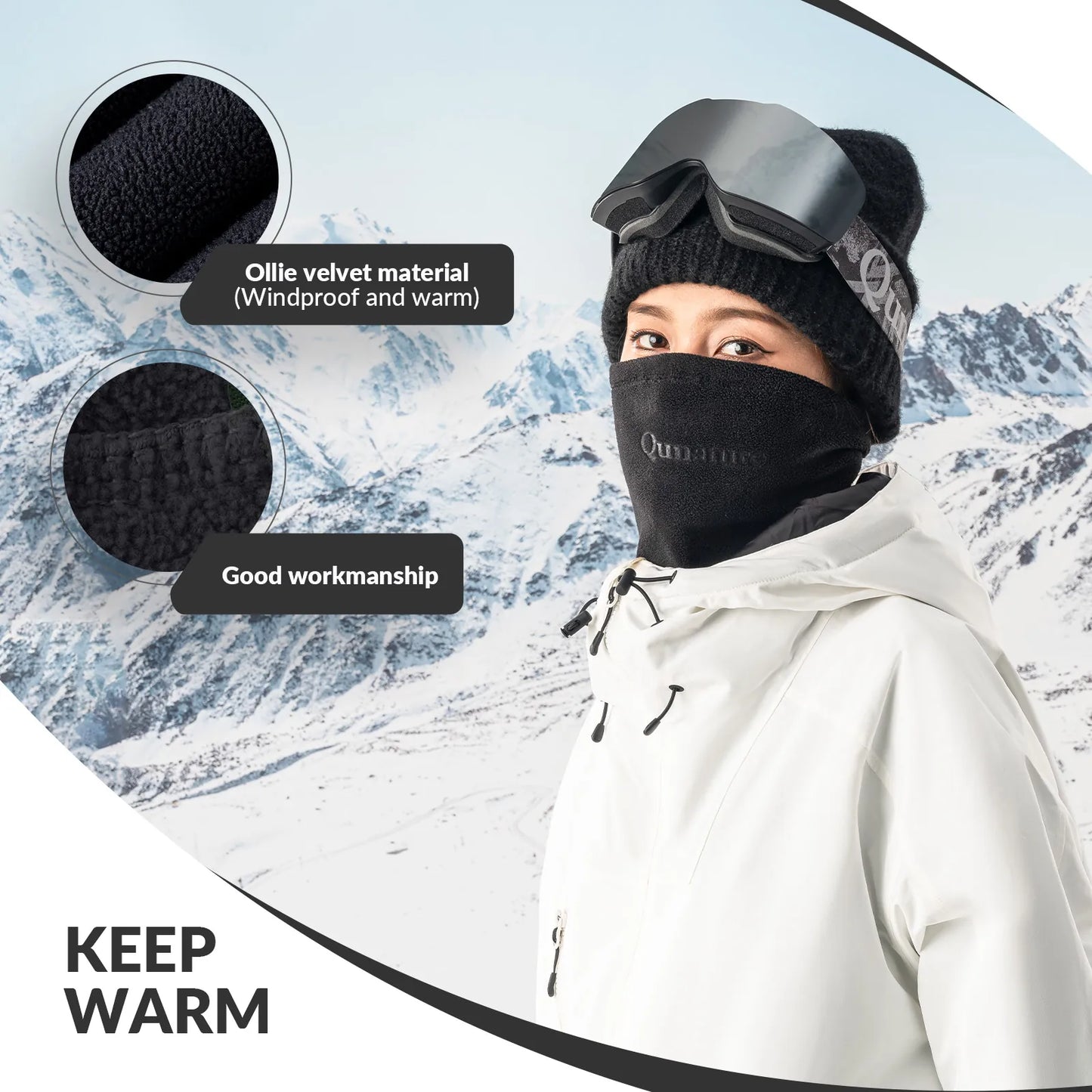 ein grauer fleece-schlauchschal wird mit beiden händen gedehnt um das elastische material zu präsentieren.