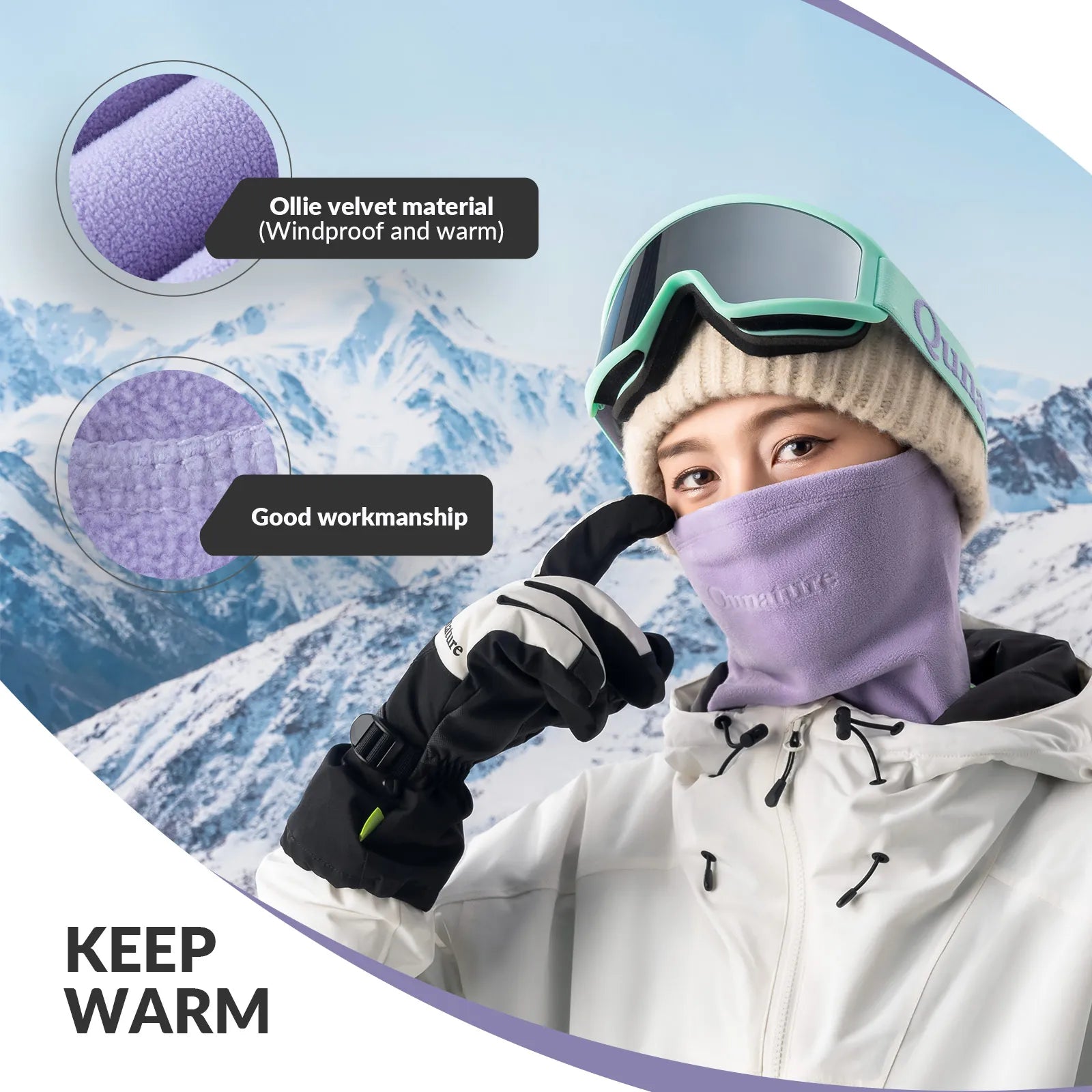 eine frau mit skibrille trägt einen grauen fleece-schlauchschal im schnee.