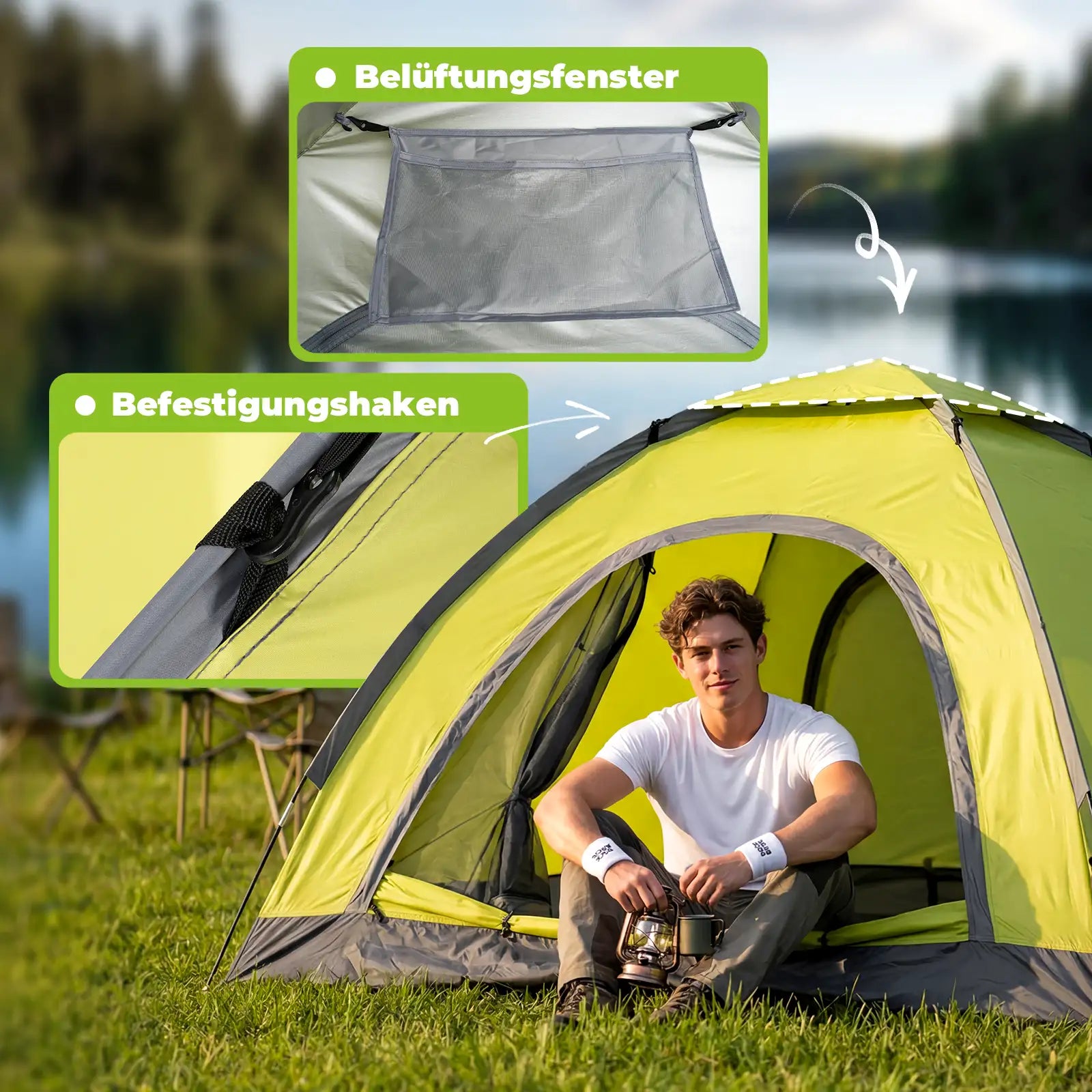 campingzelt mit belueftungsfenster und befestigungshaken im einsatz