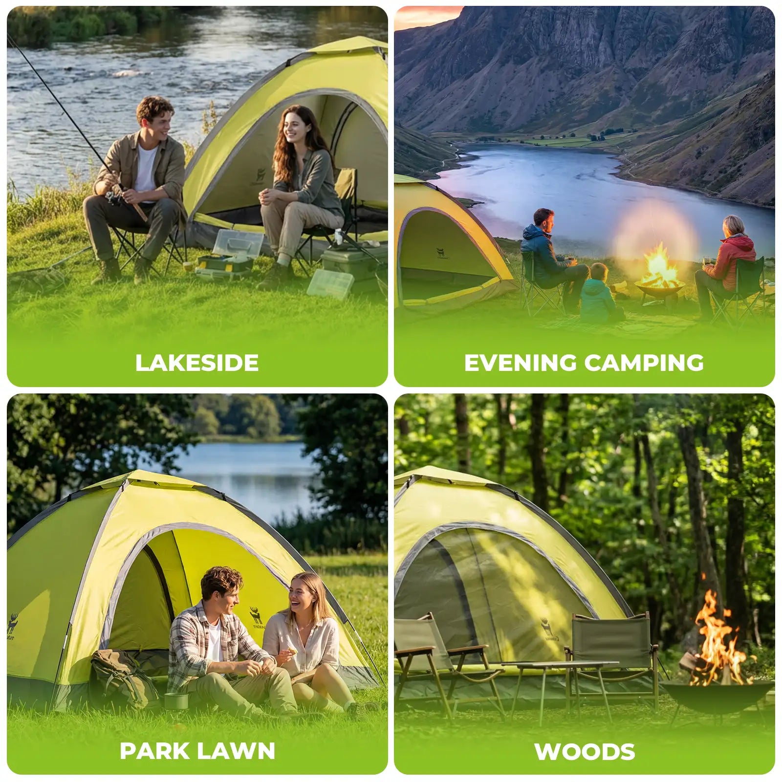 campingzelt im einsatz an verschiedenen orten wie see, wald und parkrasen