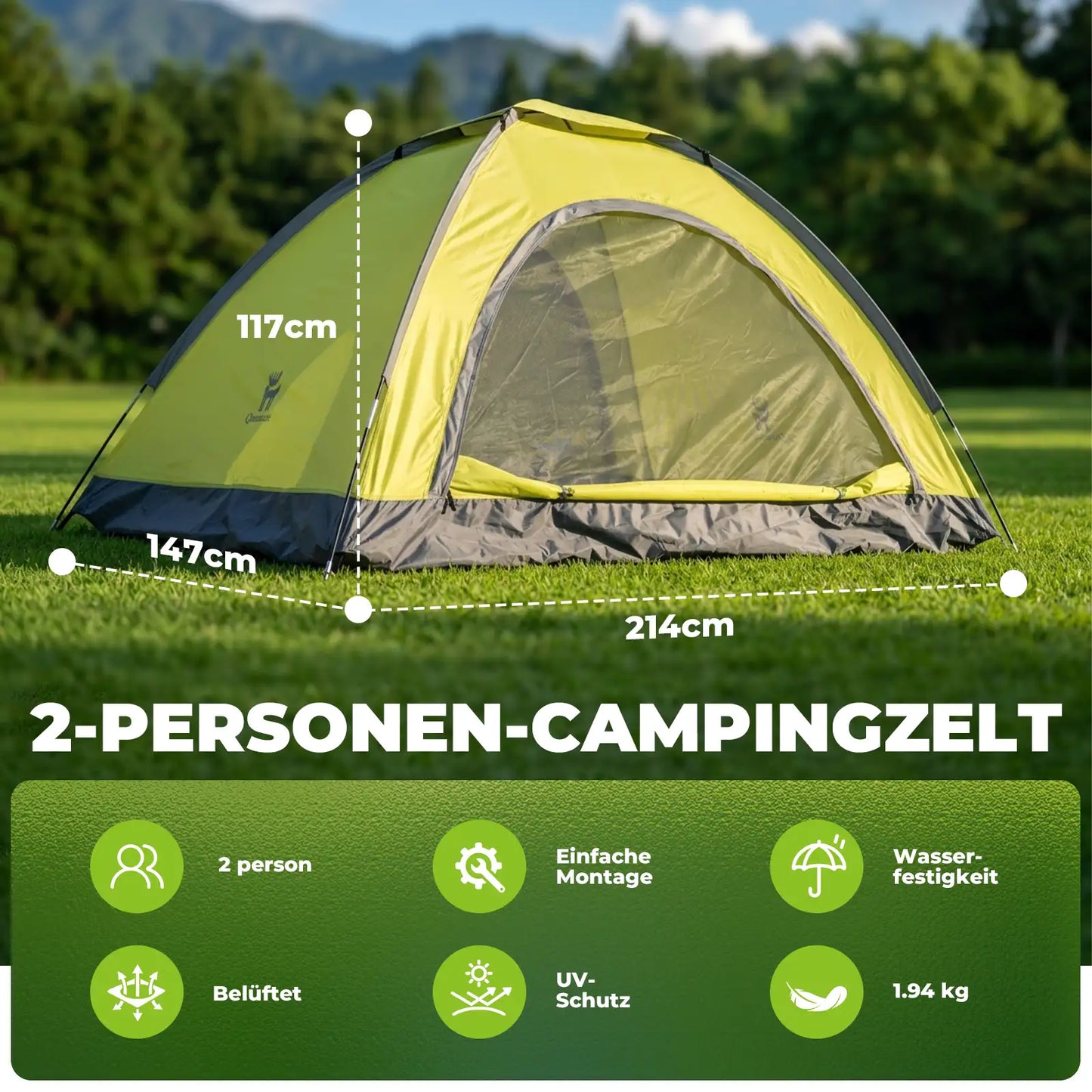 campingzelt mit massangaben und funktionsuebersicht fuer zwei personen