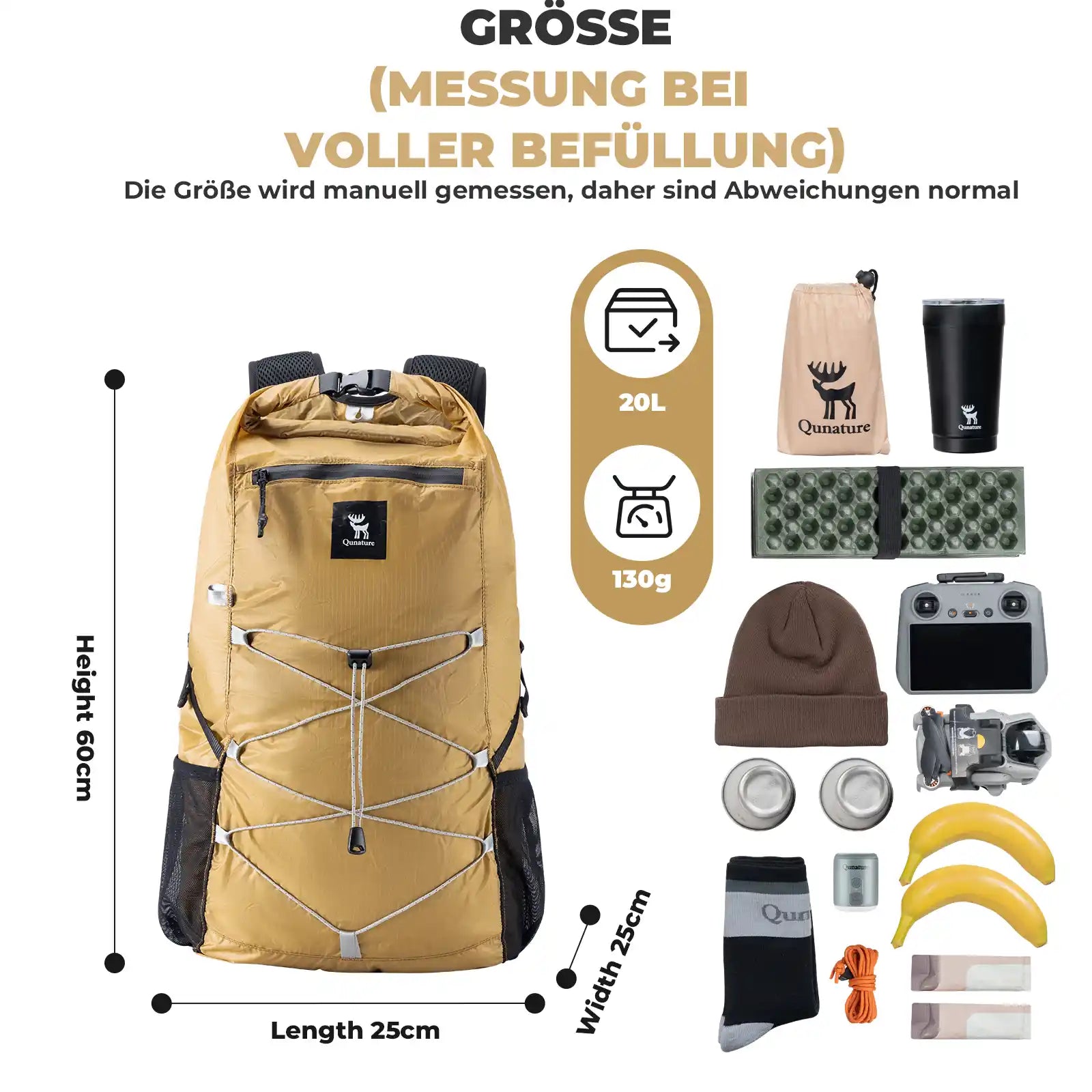 qunature 20l backpack size chart with 130g weight detail