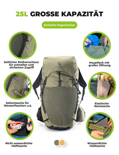 25l wanderrucksack oliv mit einfacher organisation