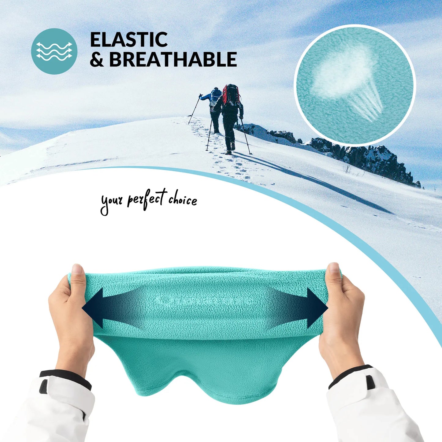 hände dehnen einen schwarzen elastischen fleece-nackenwärmer um die dehnbarkeit zu zeigen.