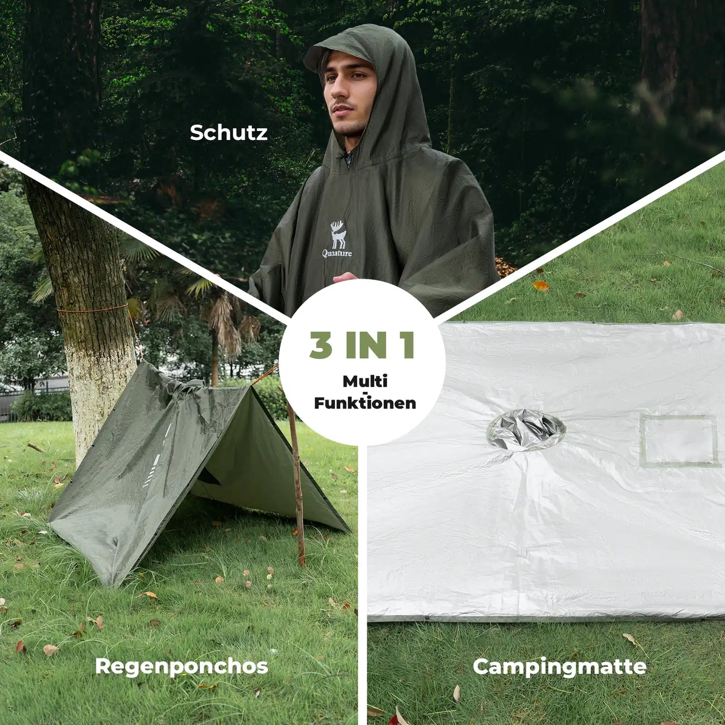 3-in-1 qunature poncho as rainwear, shelter and camping mat