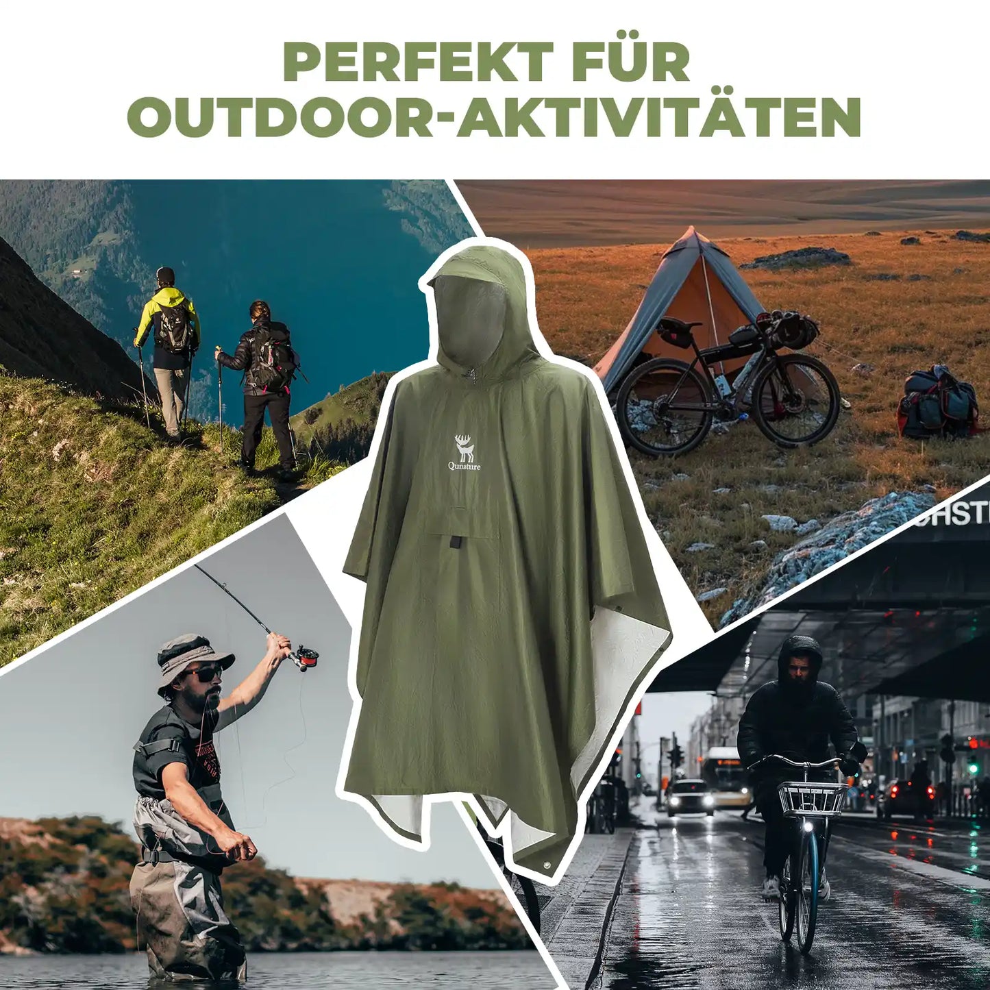 green qunature 3-in-1 rain poncho for hiking, camping, fishing and cycling