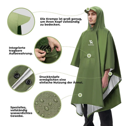 poncho details: large brim, integrated storage, snap buttons, waterproof fabric