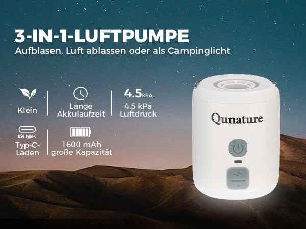 weisse 3-in-1 luftpumpe mit funktionsuebersicht, aufblasen, ablassen und campinglicht