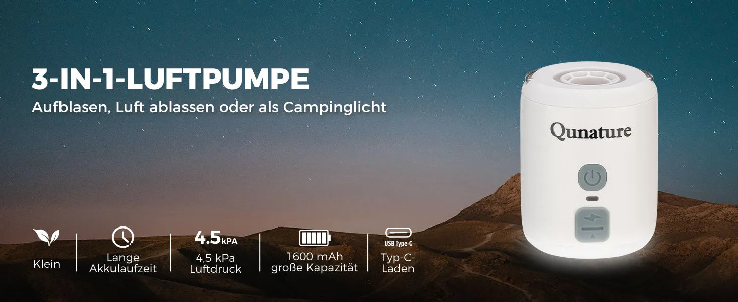 weisse 3-in-1 luftpumpe mit funktionsuebersicht, aufblasen, ablassen und campinglicht
