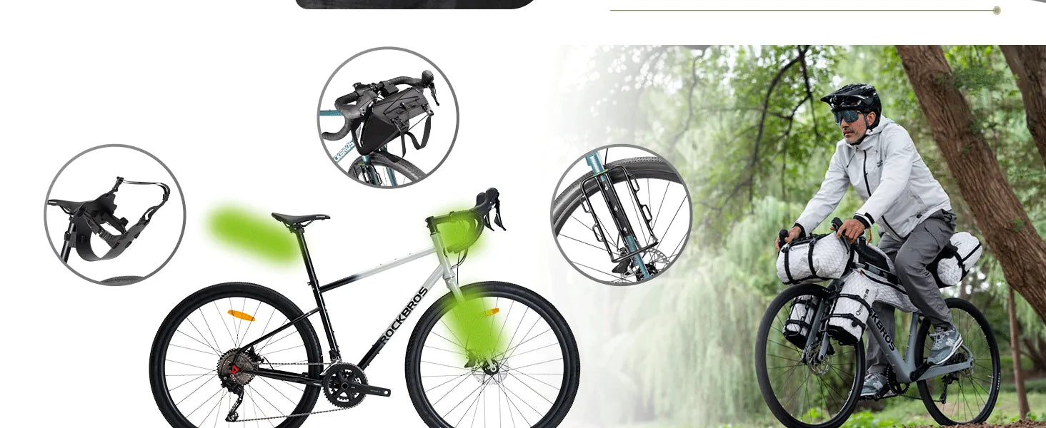 grafische darstellung der montagepositionen für fahrradtaschen an rahmen lenker und gabel