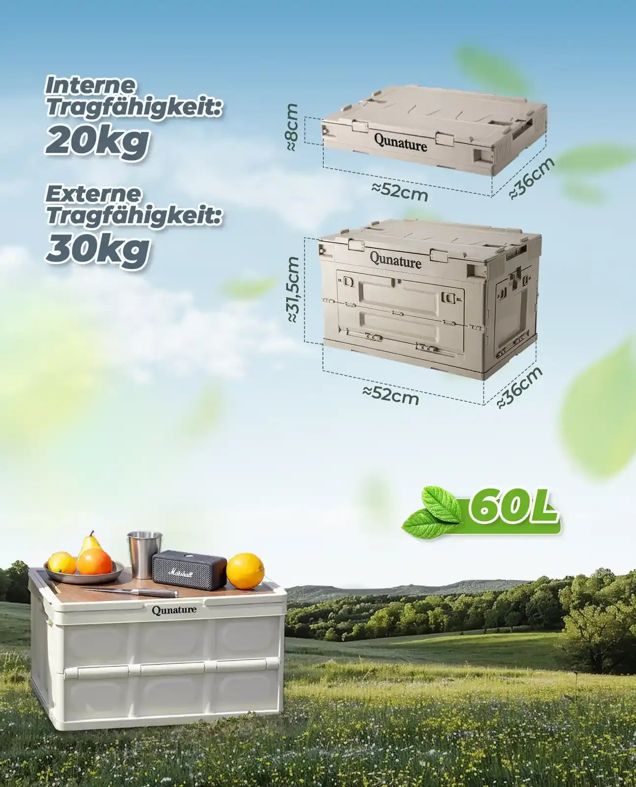 dimensionsschema der 60l faltlagerbox ohne holzplatte
